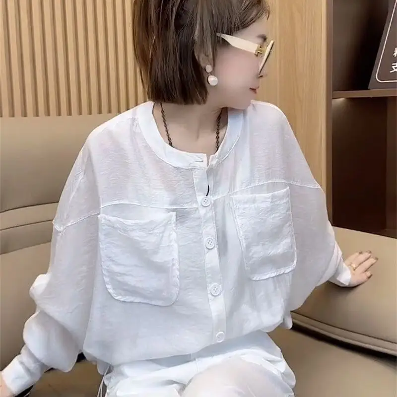 

White Casual Shirts For Women Office Wear Spring Summer Single Breasted With Pockets Loose Fit Regular Length