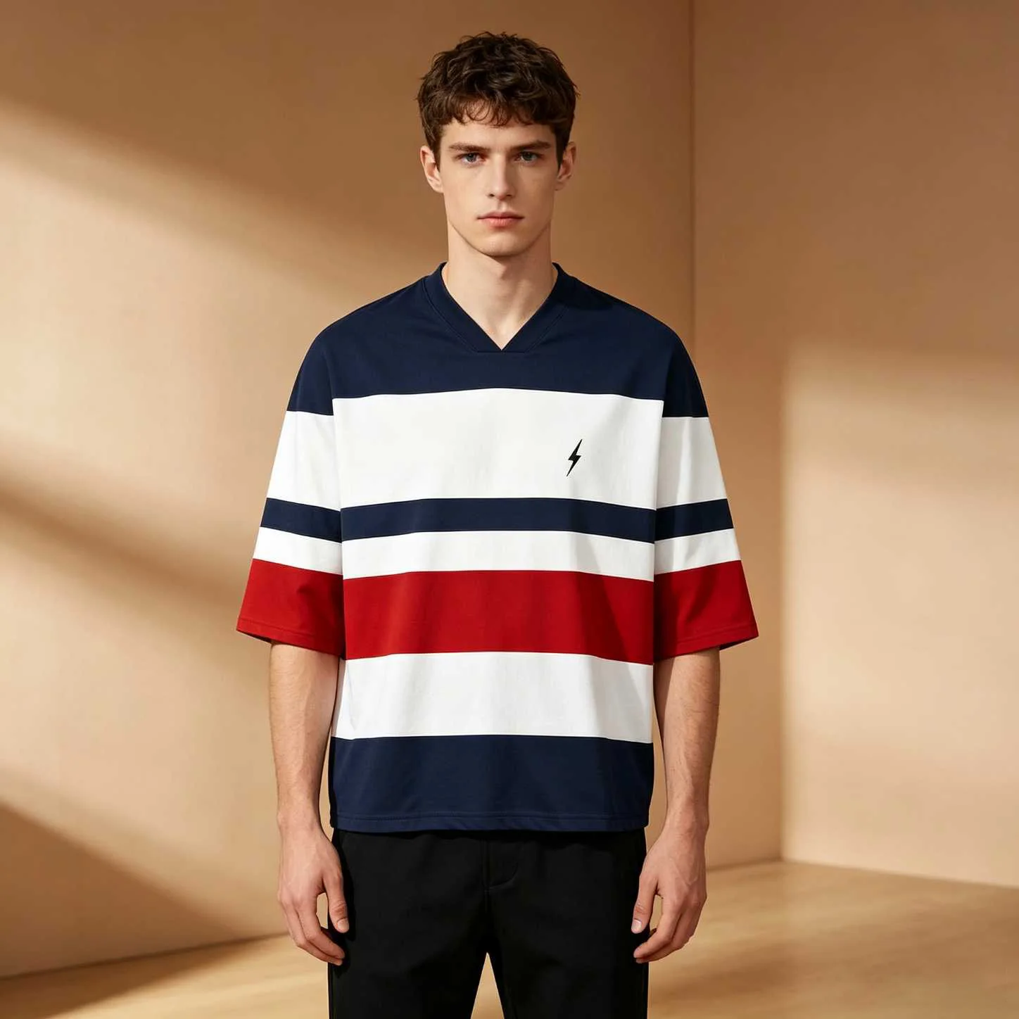 Red White Blue Stripe Lightning Men Oversized V Neck Elbow Sleeve Tee, Preppy Summer Casual Streetwear Loose Tops