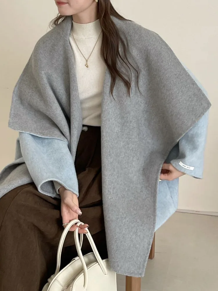 ZMEENNA Cappotto da donna elegante reversibile in misto lana con collo a scialle aperto sul davanti Capispalla invernale caldo oversize ZM3663