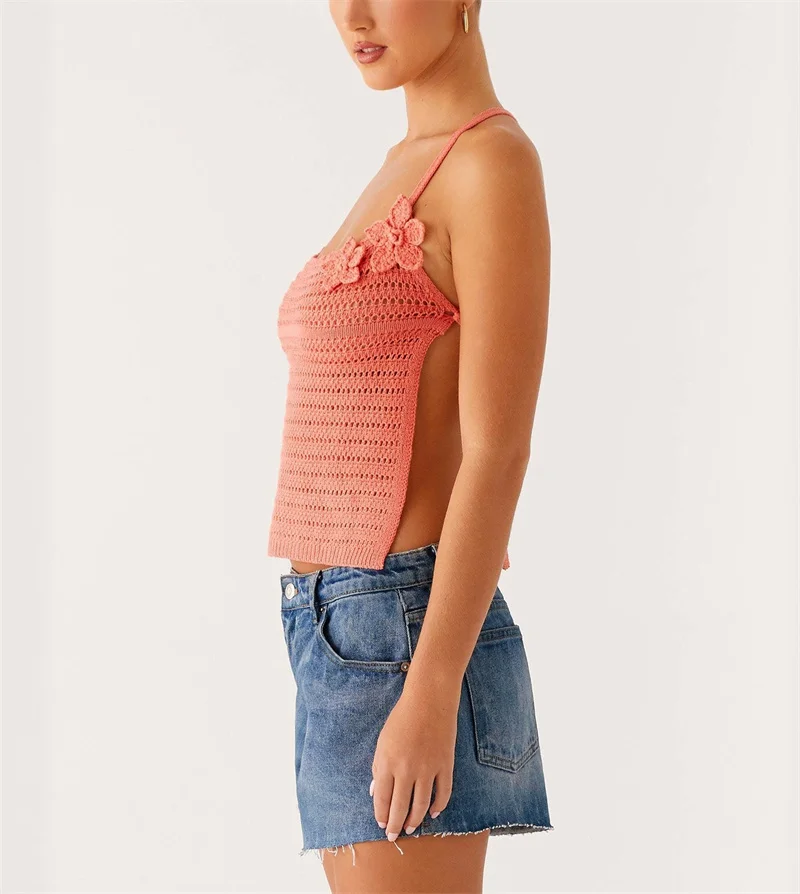 Women's Sexy Backless Lace-Up Crochet Bikini Top Vest Brazilian Biquini Knitted Swimsuit Beach Cover up Swimwear Camis