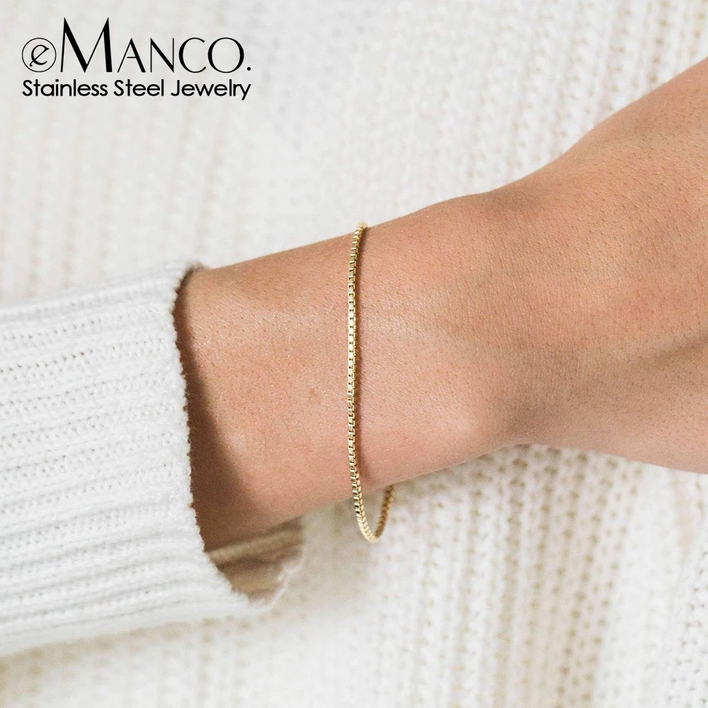 eManco Stainless Steel Box Chain Bracelet Female Gold Color Charm Bracelets Charm Friendship Bracelets for Women Jewelry Gifts