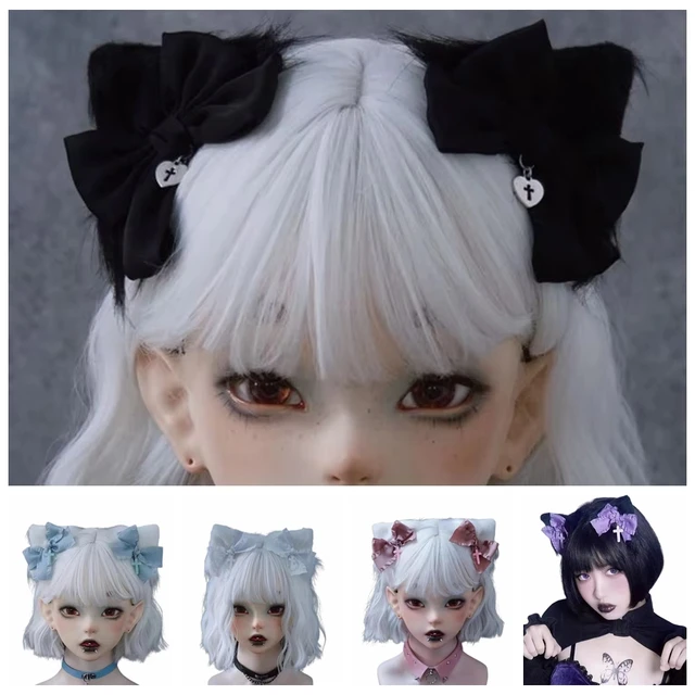 Subculture Y2K Handmade Cross Ribbon Bow Punk Hair Clip Lolita Girl White Purple Cat Ear Series Hairpin Cosplay Akcesoria