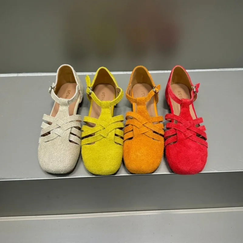 Sandalias de mula de cuero Retro francés para mujer, zapatos individuales huecos, planos, romanos, sin cordones, novedad de verano