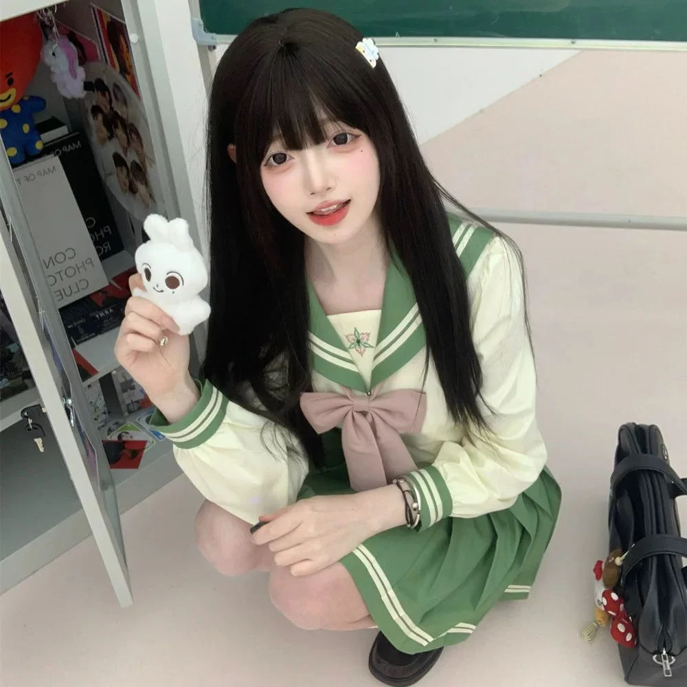 일본 학교 제복 소녀 선원 복장 봄 녹색 선원 복장 기본 한국어 Jk 유니폼 세트 여성 긴 소매 Seifuku