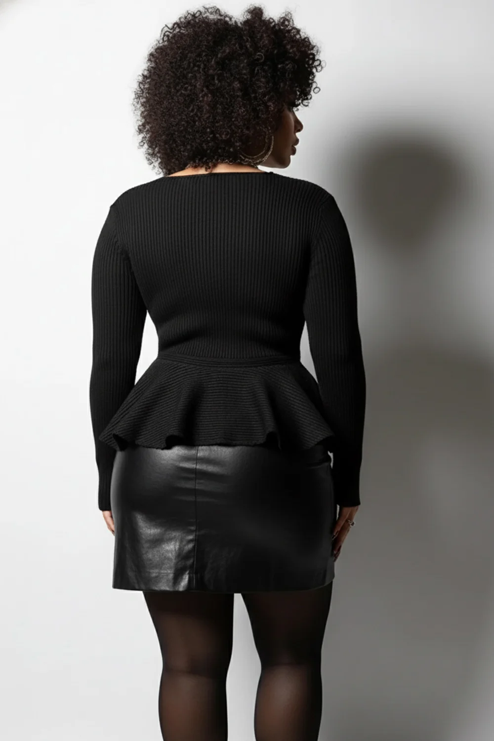 Plus Size Daily Black V Neck Long Sleeve Ruffle Casual Sweaters