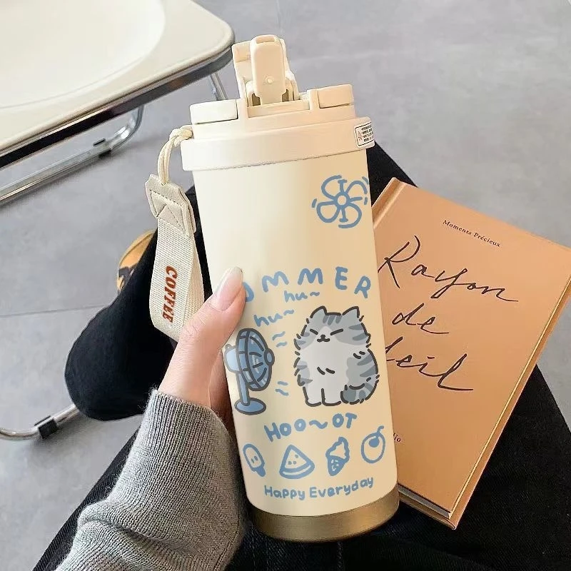 520 ml Nette Cartoon Katze Isolierte Tasse Hohe Aussehen Edelstahl Stroh Tasse Kalte Und Heiße Isolierung Doppel Trinkbecher