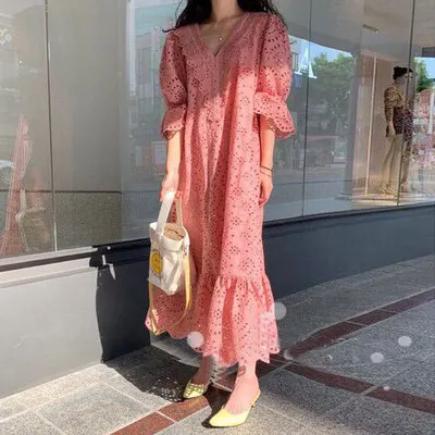 

Французское винтажное кружевное платье с вырезами, в уличном стиле, с свободной талией, коротким рукавом, V-образным вырезом, А-силуэт, однотонное, летнее