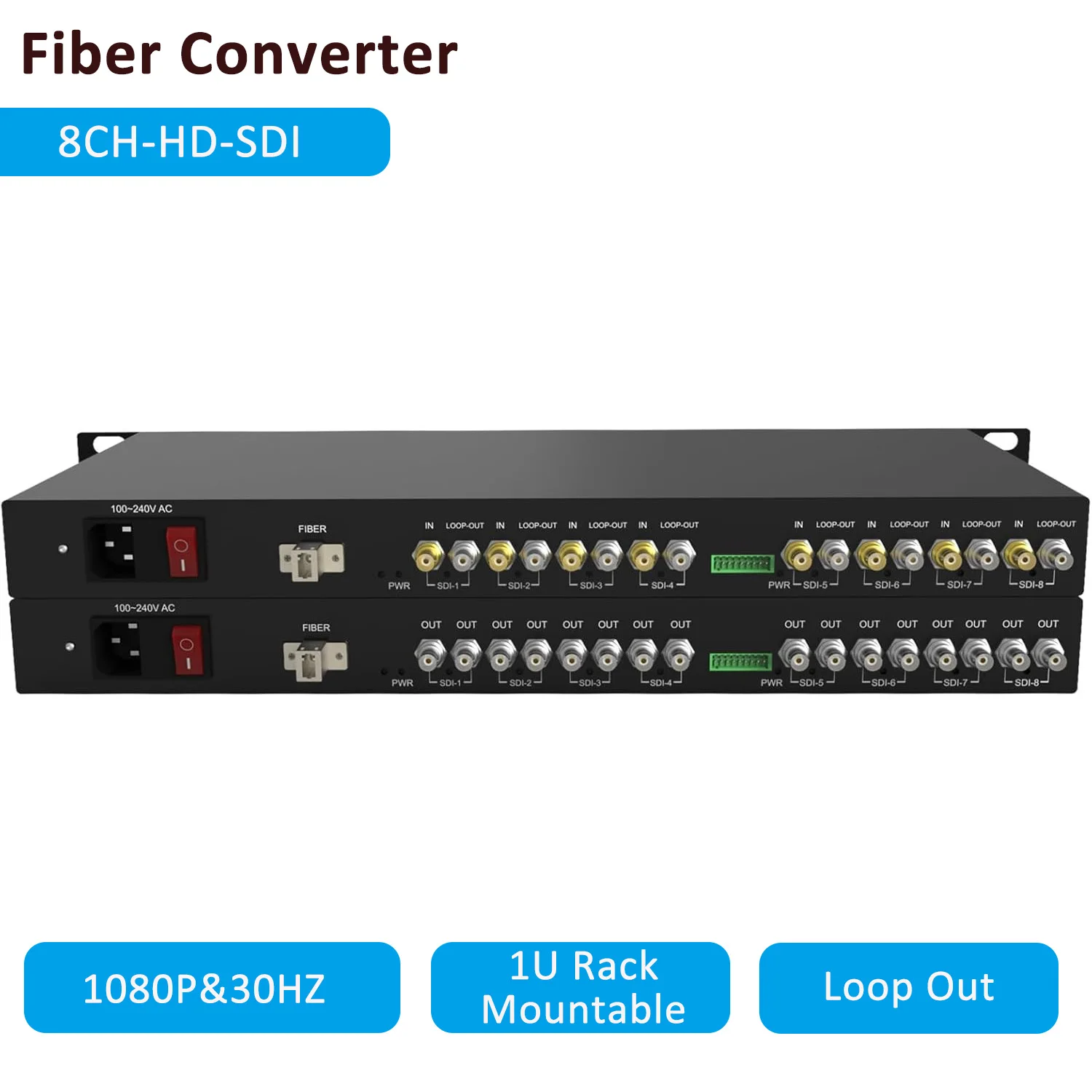 1U Rack-Mountable 8-Channel HD-SDI Fiber Converter Supporting CWDM and Loop Out, 1080@30Hz, 20KM Over Single LC Fiber