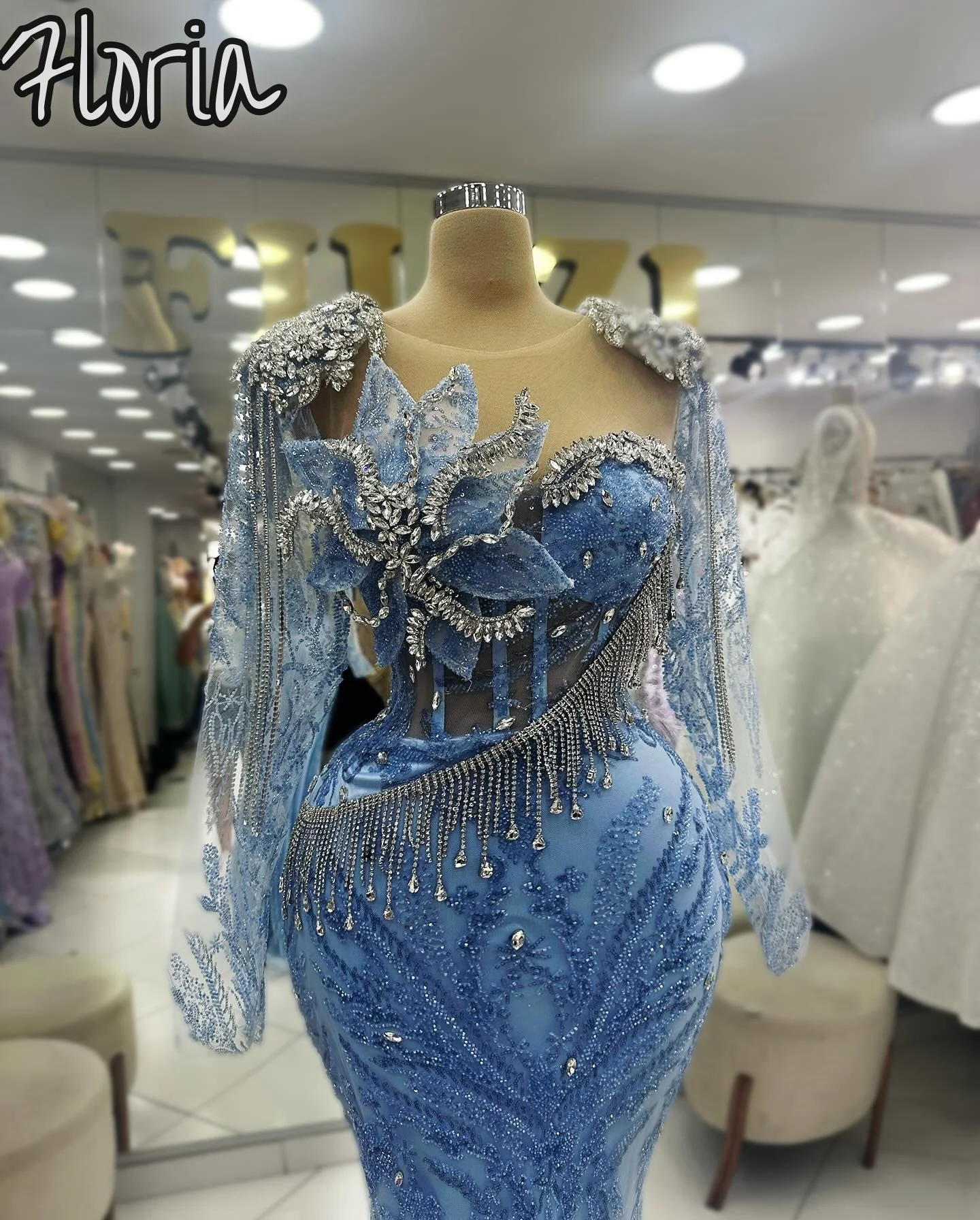 

Exquisite Long Sleeves Sparkly Tassel Mermaind Formal Party Dress Dubai Handmade Crystal Flower Evening Gowns Customized
