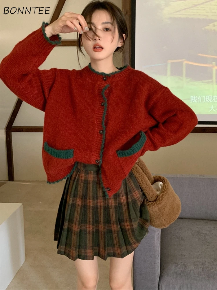 Retro Cardigan Women Panelled Design Loose Daily Stylish Leisure Simple Spring Sweater Pockets Warm Korean Style Students Sweet