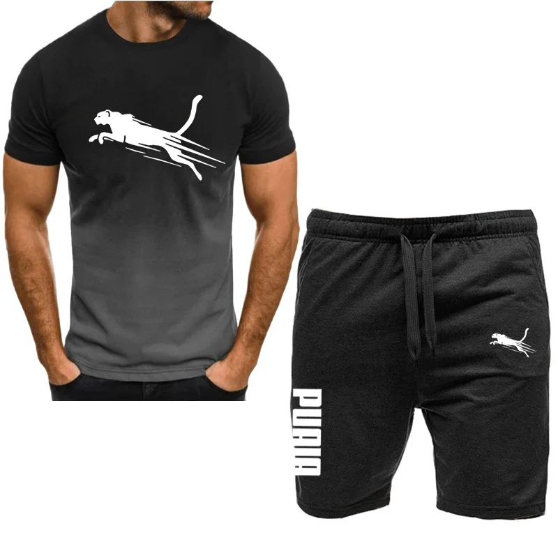 Men\'s casual sportswear set, fashionable downgraded T-shirt and shorts, quick drying sportswear, 2-piece set with short sleeves