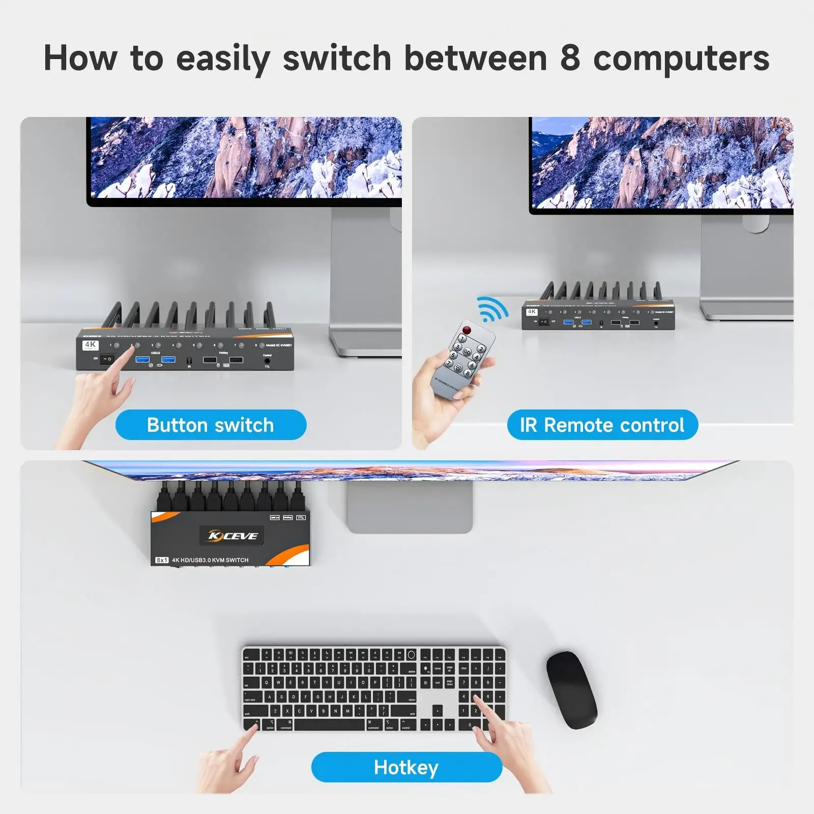 Switch KVM USB 3.0 Computer 8/10 1 monitor Simulazione EDID 4K a 60 Hz, switch HDMI per computer 8/10 Condividi 1 monitor 4 dispositivi USB