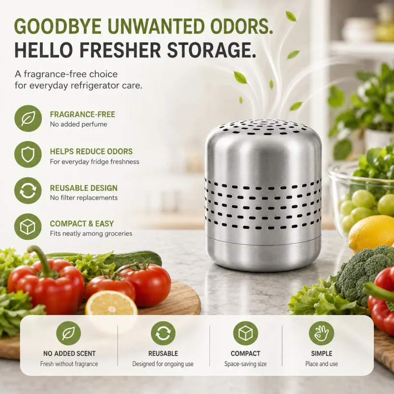 Stainless Steel Fridge Deodorizer Box 24-Hour Odor Neutralization Air Freshener Extends Food Freshness for Home Kitchen