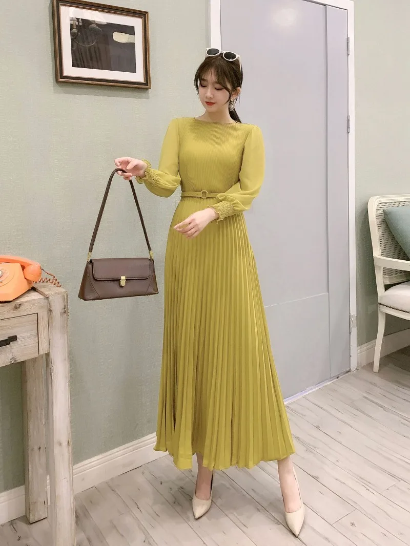 Elegant French Style Dress Belt Long Sleeve Ankle-Length Pleated Skirt O-Neck Solid Colors Slim Waist Dress Party Evening Dress