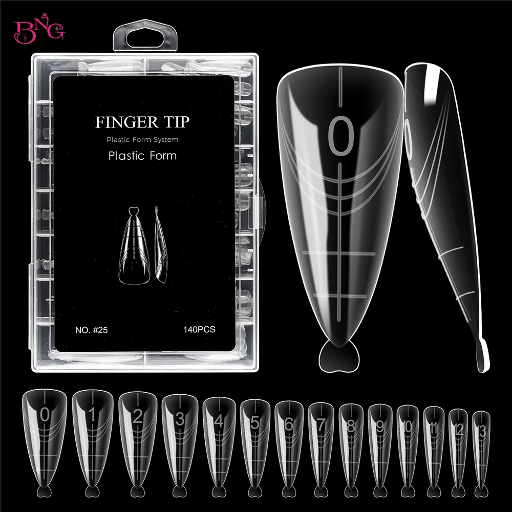 BNG 140Pcs Dual Nail Forms Poly Extension Gel Nails Full Cover Nail Tip Builder Molds 14 Sizes Clear Almond for Solid Nail Gel
