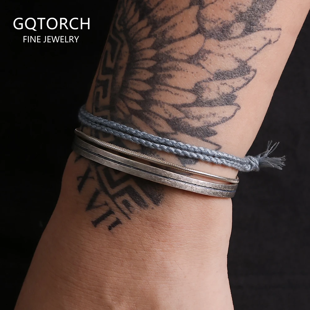 

3pcs/set 925 Sterling Silver Simple Viking Open Cuff Bangle Classic Snake Chain Rope Stackable Bracelet for Men Fashion Jewelry