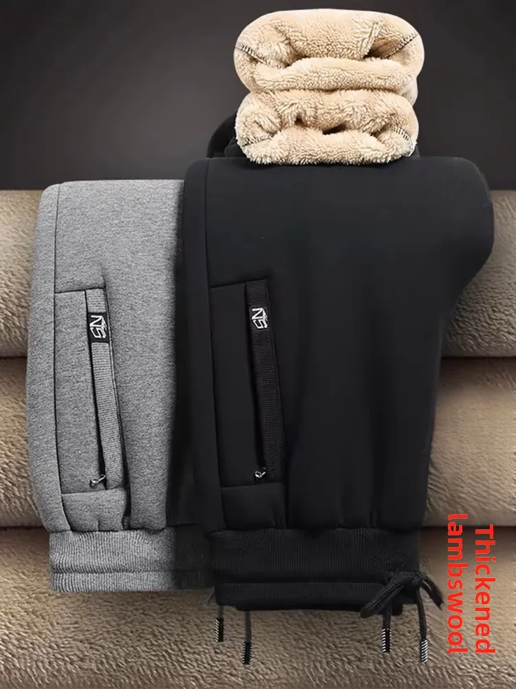 

Мужские брюки из овечьего флиса, зимние, утепленные, свободные, повседневные, больших размеров, для активного отдыха, с манжетами, спортивные штаны