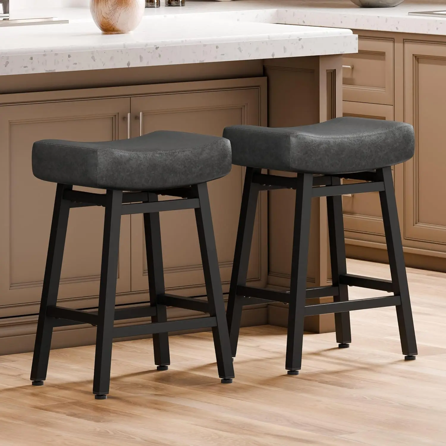 Counter Height Bar Stools Set of 2, 24 Inch Backless BarStools for Kitchen Island Leather Saddle Bar Chairs Kitchen Stools wi