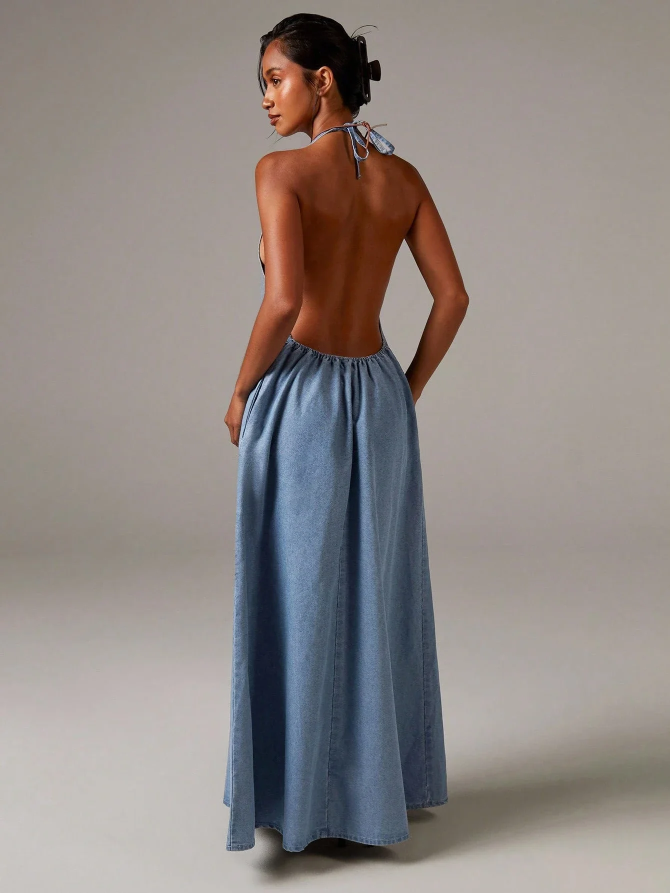 

Women's Denim Halter Backless Maxi Dress Casual Bohemian Summer
