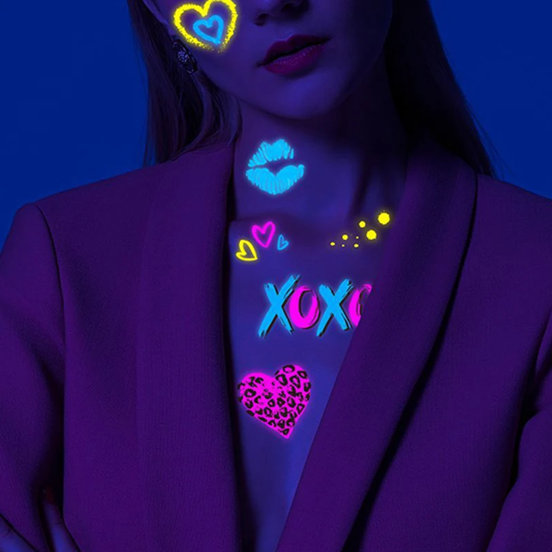 Tatuajes adhesivos fluorescentes temporales para el Día de San Valentín, pegatinas de amor brillantes, tatuaje de Bar nocturno para fiesta de boda, decoración de arte corporal