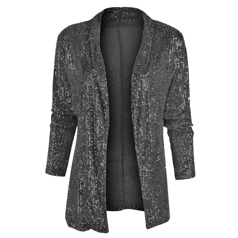 Spring New Sequined Long Sleeve Mid-Length Blazer Jacket Suit Polo Collar Solid Color Coat Women Fashion Sexy Blazers