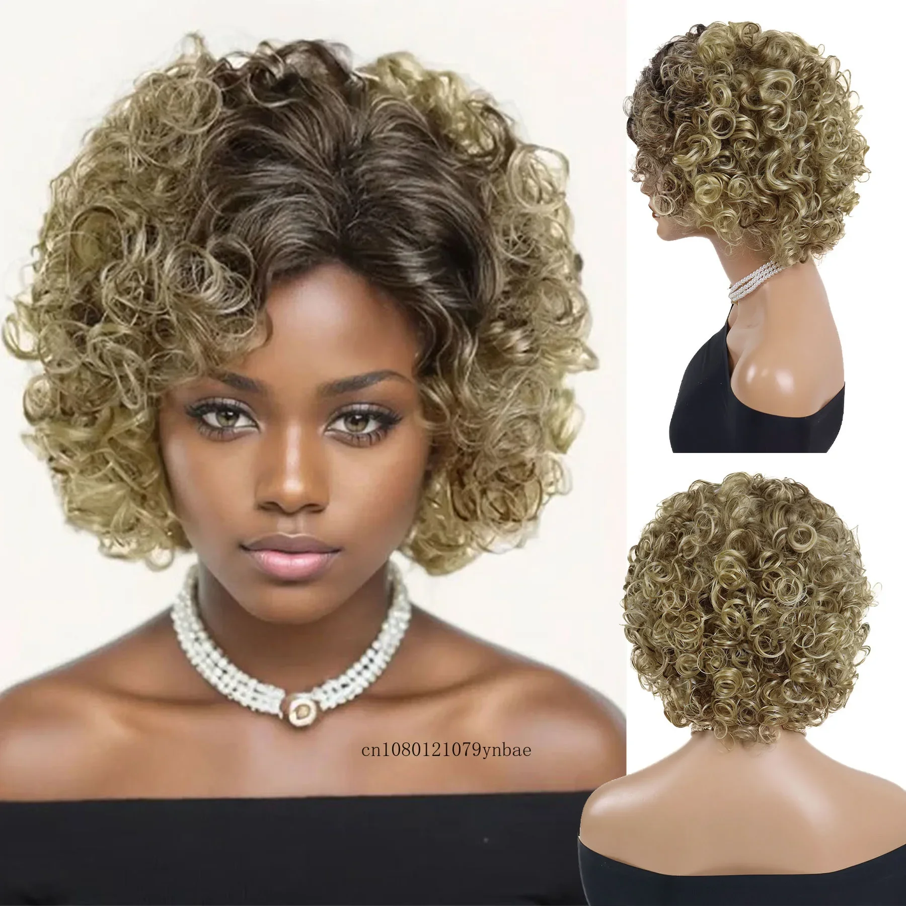 Fluffy Ombre Blonde Synthetic Wigs for Black Women Charming Short Curly Wig with Bangs Daily Party Costume Use Heat Resistant