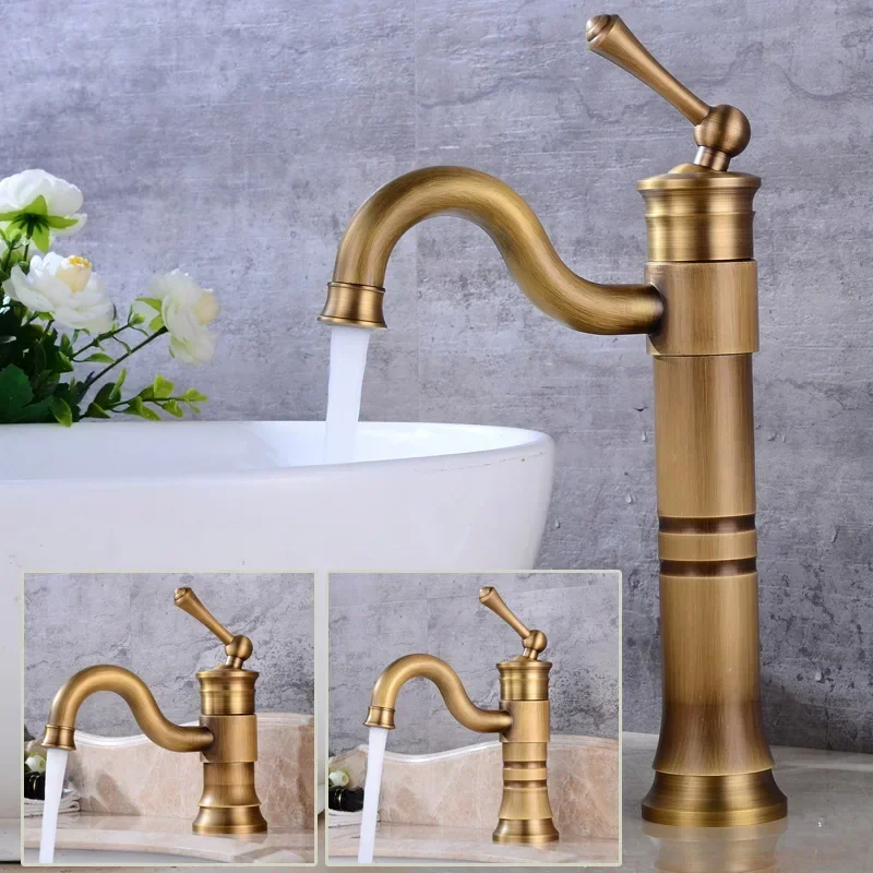 DurableAll Copper Antique European Style Cold And Hot Faucet With Raised Single Hole Platform Basin Faucet Retro Faucet