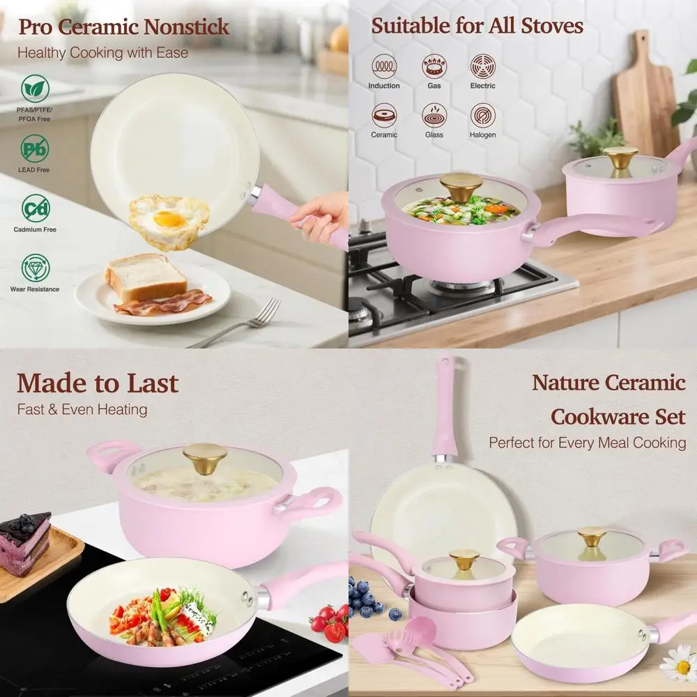 

Eleven-Piece Pink Ceramic Non-Stick Induction Cookware Set with Gold Knobs and Cool Touch Handles