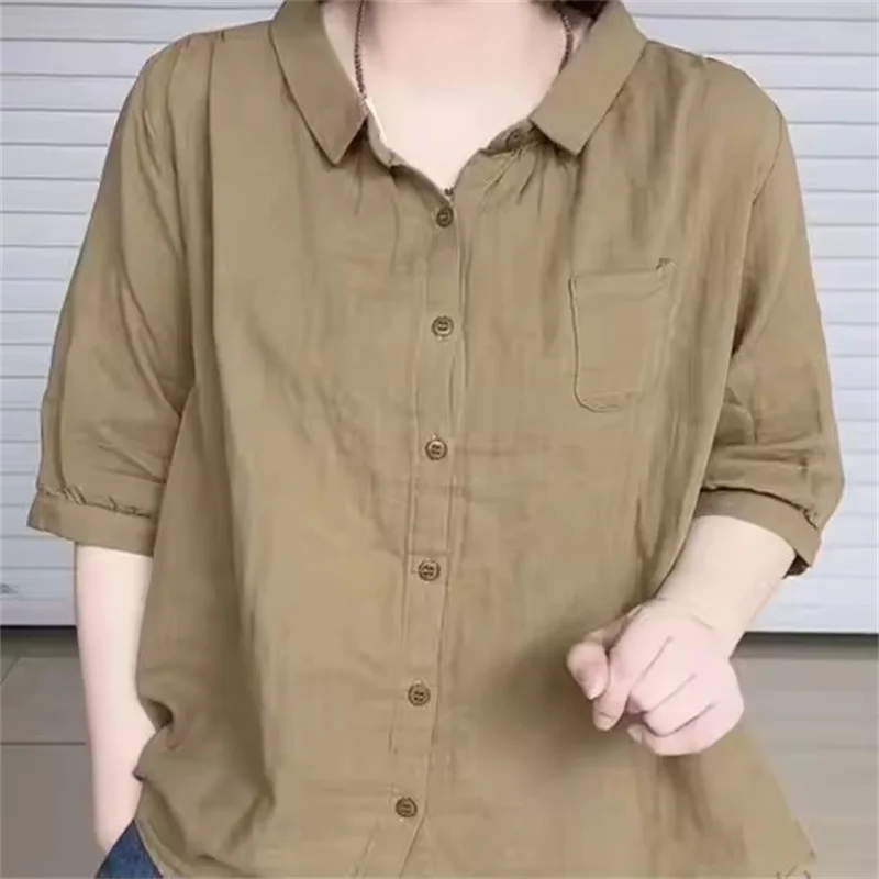 Camicia casual pura con risvolto a maniche a cinque punte alla moda Camicetta basic femminile estiva coreana versatile allentata e sottile