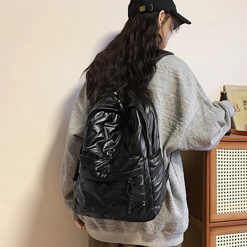 Fashionable Women Backpack Daily Simple Two Shoulder Bag Glossy Lightweight Adjustable Shoulder Strap Backpacks
