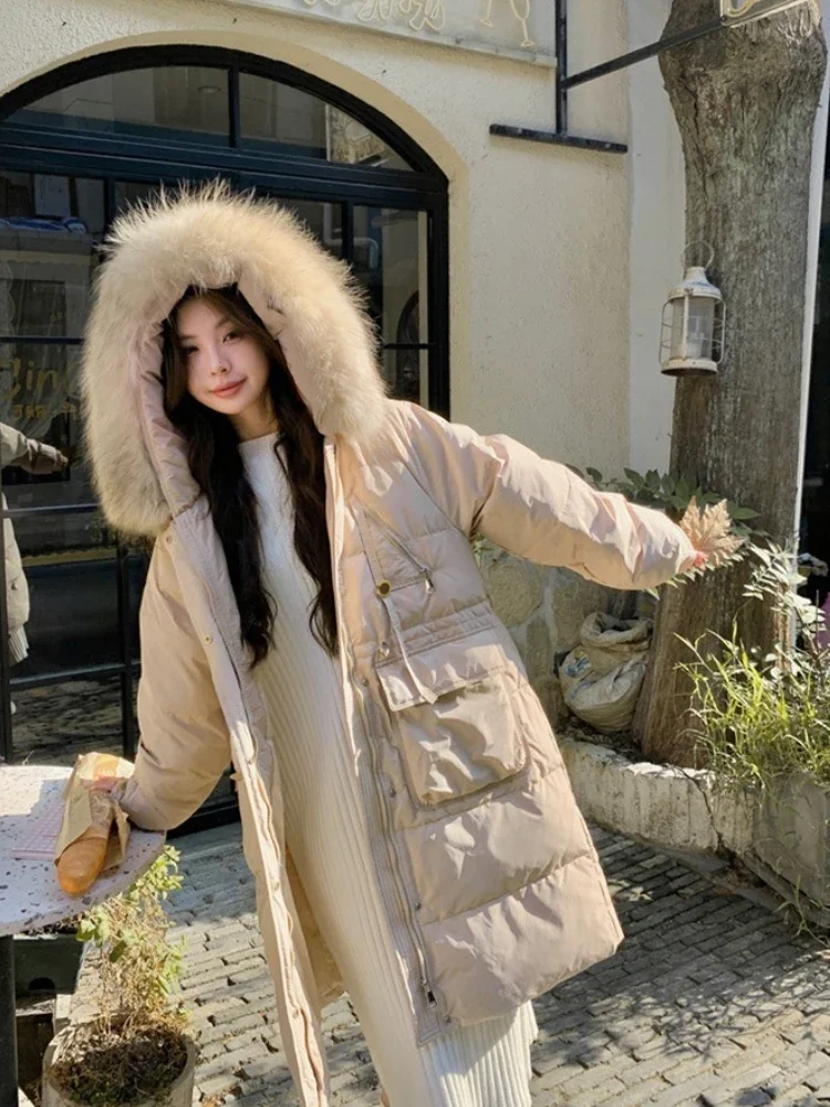 여성용 두꺼운 따뜻한 푹신한 패딩 재킷 신상 겨울 오버사이즈 탑 의류 한국 스타일 긴 후드 화이트 덕다운 코트 여성용