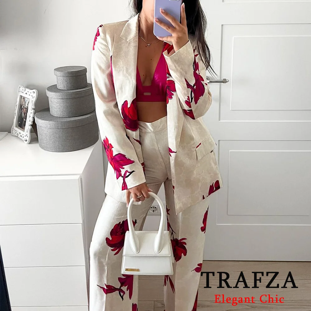 TRAFZA Casual Printed Blazer Suit Damska marynarka z klapami i spodniami Nowość 2024 Wiosna Jesień Kolacja Data Biuro Impreza Marynarka Garnitur