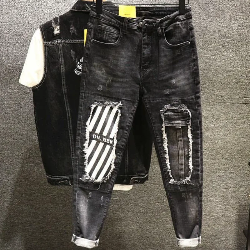 Jeans for Men Black Graphic Mens Cowboy Pants with Holes Broken Ripped Print Torn Grunge Y2k Harajuku Summer Stretch Xs Trousers