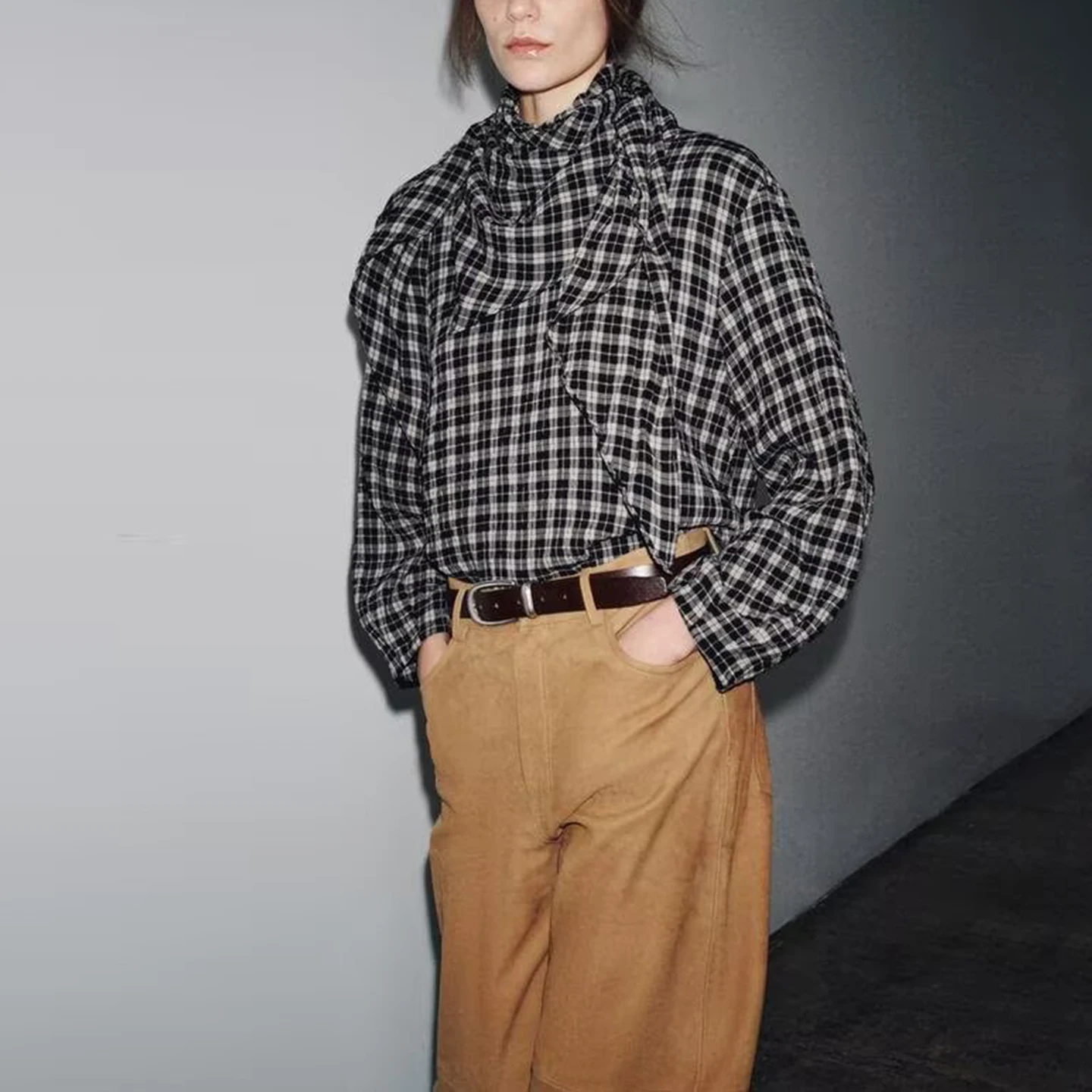 Z Women's Faion irt 2025 Autumn Plaid Scarf Multifunctional Headwear Casual Loose Long Sve Ladies Premium Quali