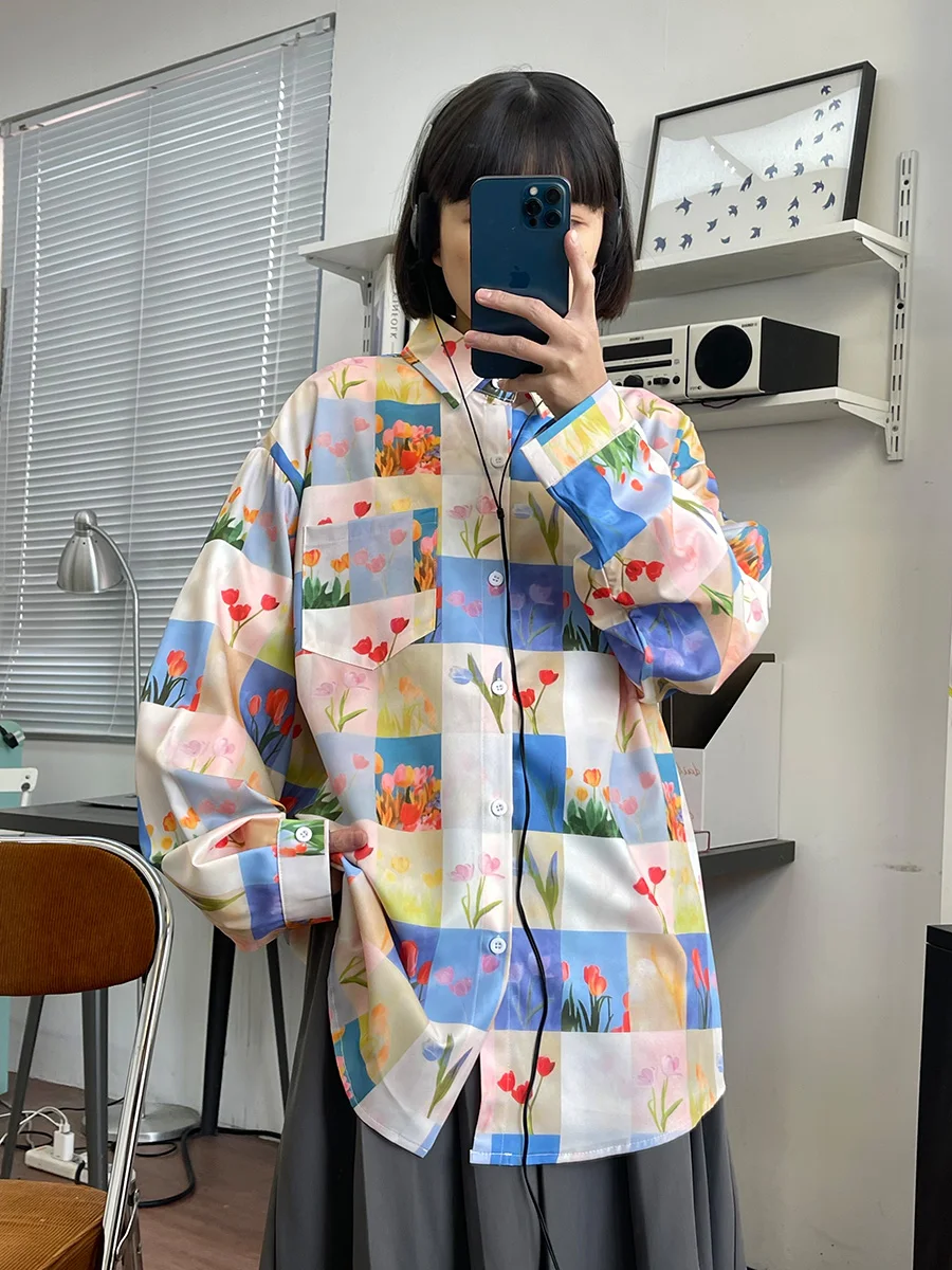 

Flower Plaid Long Sleeved Shirts for Women in Spring 2024, New Loose Fitting Bf Japanese Style Artistic Retro Top Trend