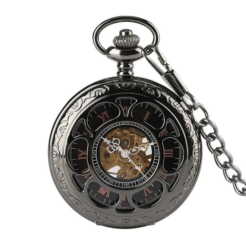 Steampunk Hollow Out Case Unisex Handwinding Mechanical Pocket Watch with Pendant Chain Rero Roman Numeral Clock