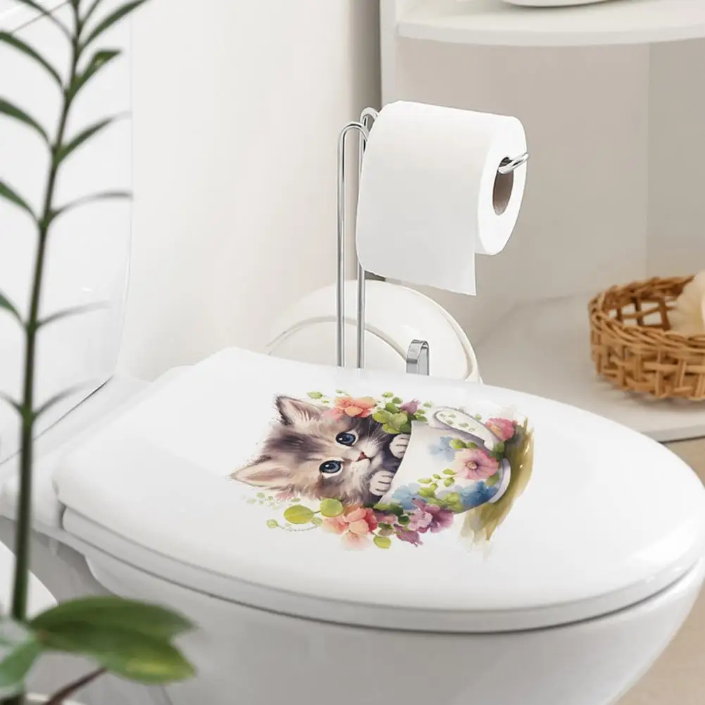 Teacup Cat Flower Toilet Sticker Removable Self-adhesive Waterproof PVC Living Room Wall Art Bathroom Toilet Lid Decoration Deca