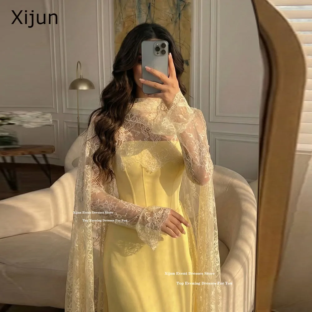 Xijun Elegant Baby Yellow Evening Dresses Lace Cape Sleeves Mermaid Prom Dresses High Collar Dubai Prom Gowns 2026 Customized