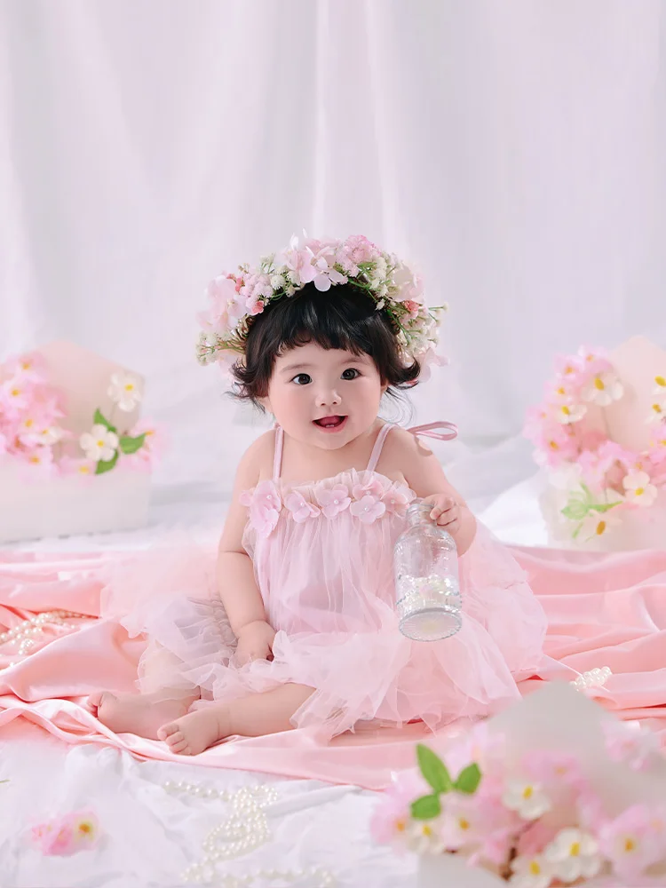 Floral Fairy Baby Girl Photography Costume Sweet Pink Tulle Sling Dress+flower Headband for 1 Year Old Infant Photo Shoot Outfit