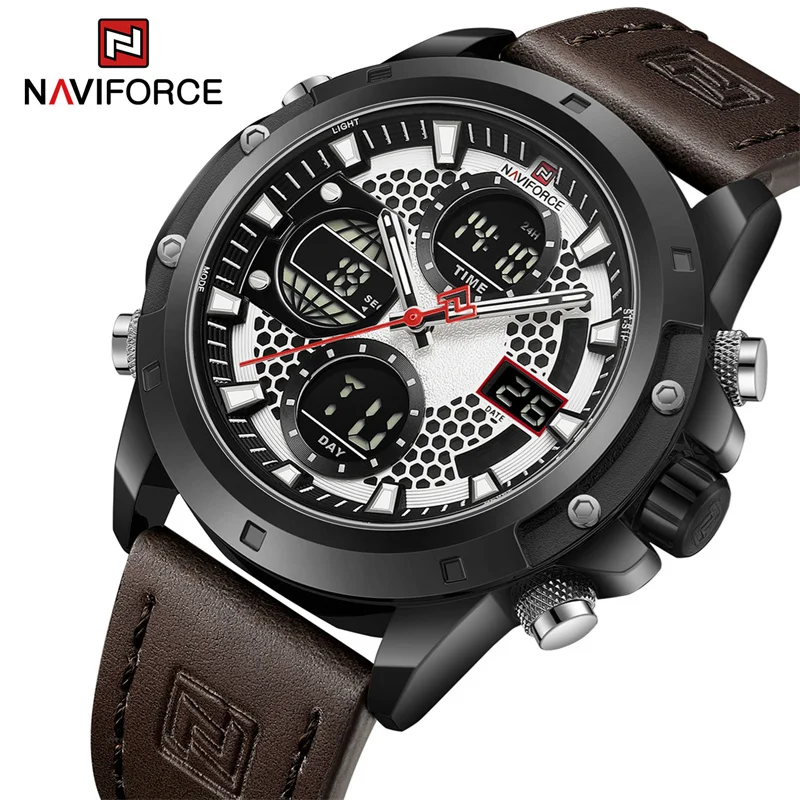 Naviforce relógio masculino esportivo pulseira de couro duplo à prova d'água relógios de quartzo led calendário luminoso relógio digital para homens reloj