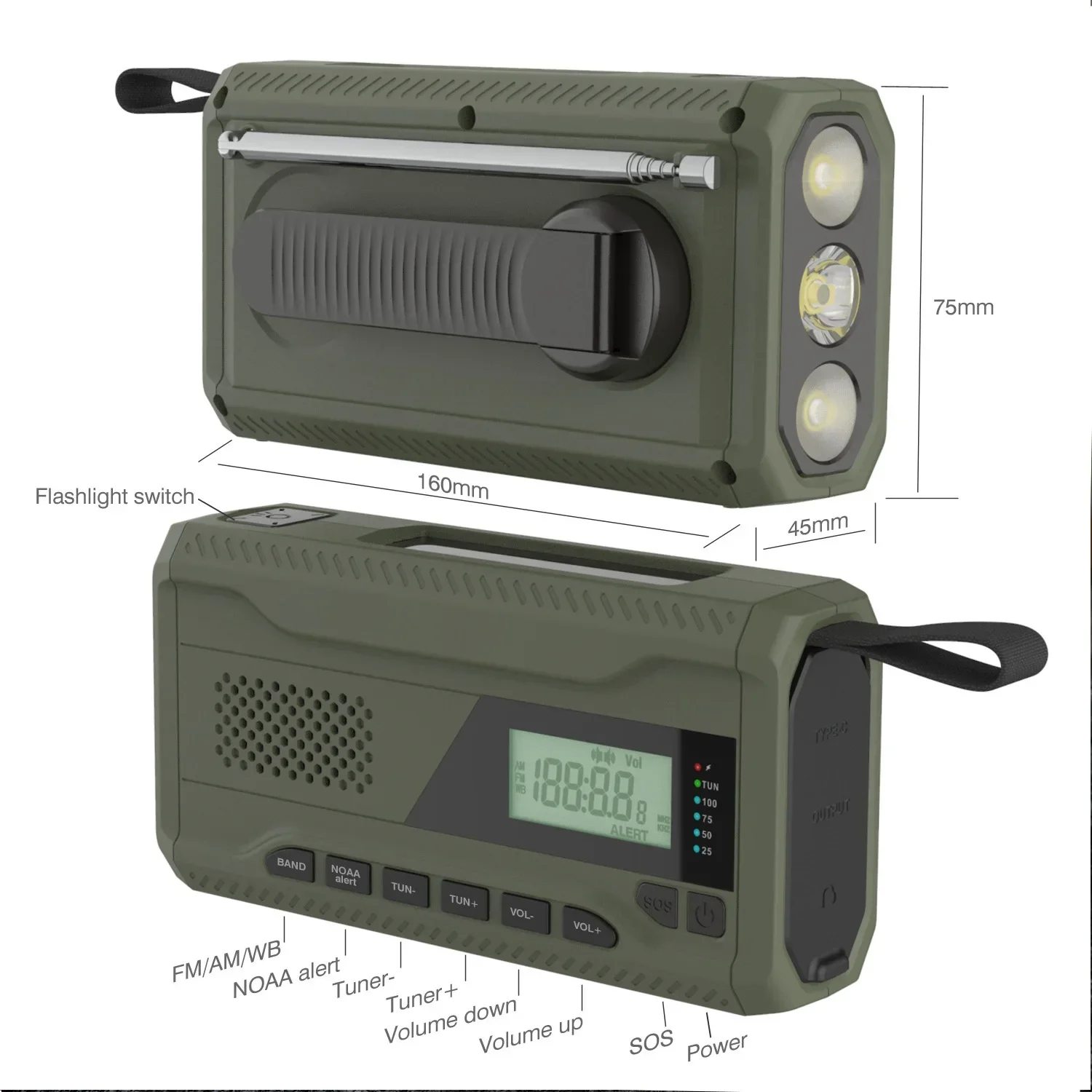 2024 Outdoor Solar Handge kurbelt Notfall Radio USB-Aufladung am/fm/tupfen Radio tragbaren Generator