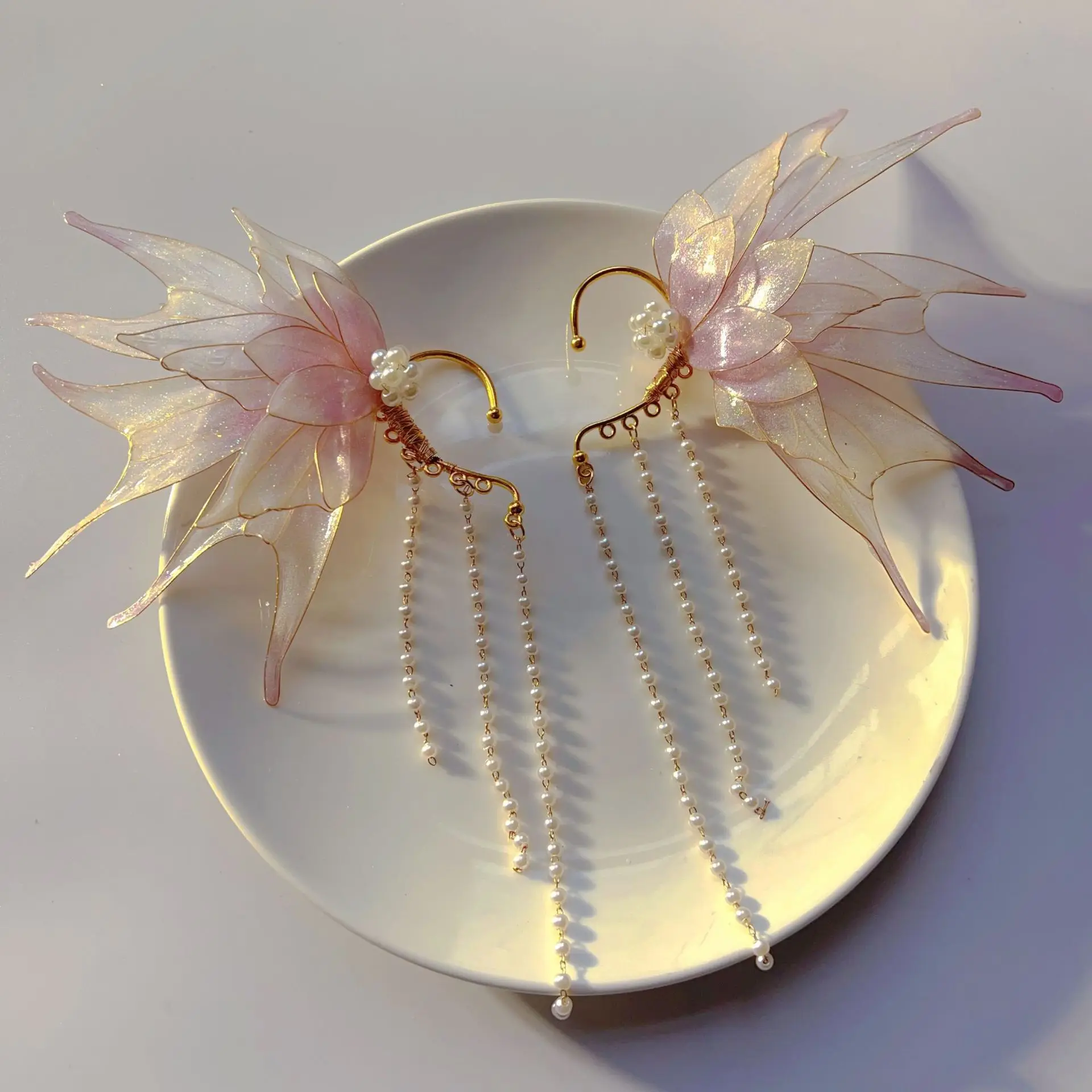 Pink Butterfly Headband Hair Clip Princess Pearl Tassel Paired Clip Hanfu Accessory