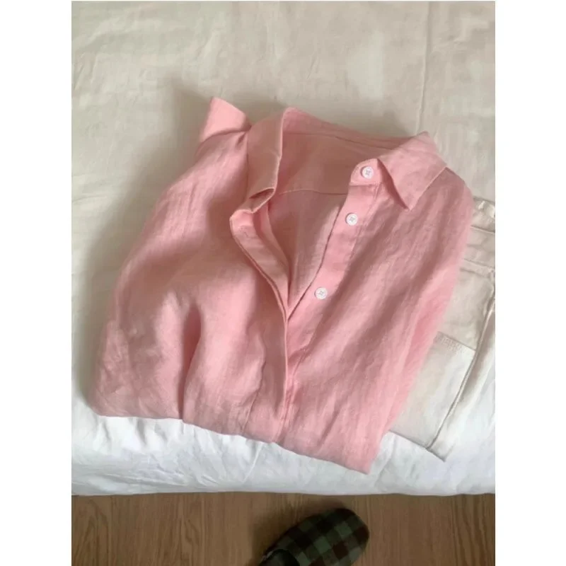 Women Linen Shirt Casual Loose Long Sleeve Thin Summer Top Pure Color Turn Down Collar French Style Sunscreen Clothing