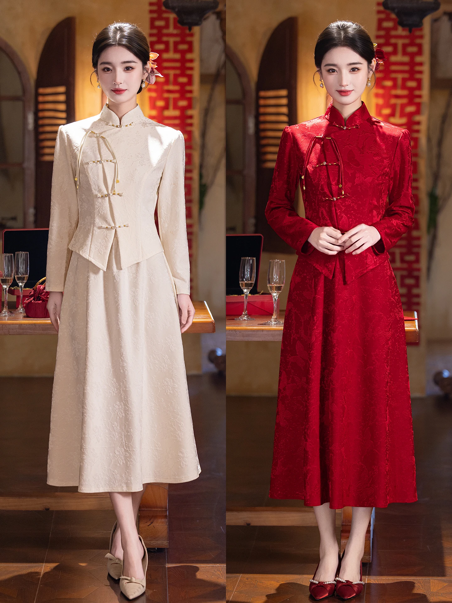 

New Chinese Sle Wedding Dr Long Sve Suit for Bride Autumn Winter New Year 2026 Traditional Wedding Gown