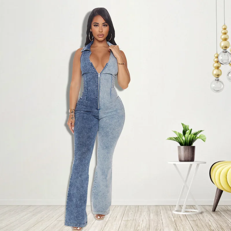 Plus Size Fashion Denim Patchwork Jumpsutis Sleeveless Turn Down Collar Zipper Wide Leg Pants One Piece Streetwear Rompers 2023