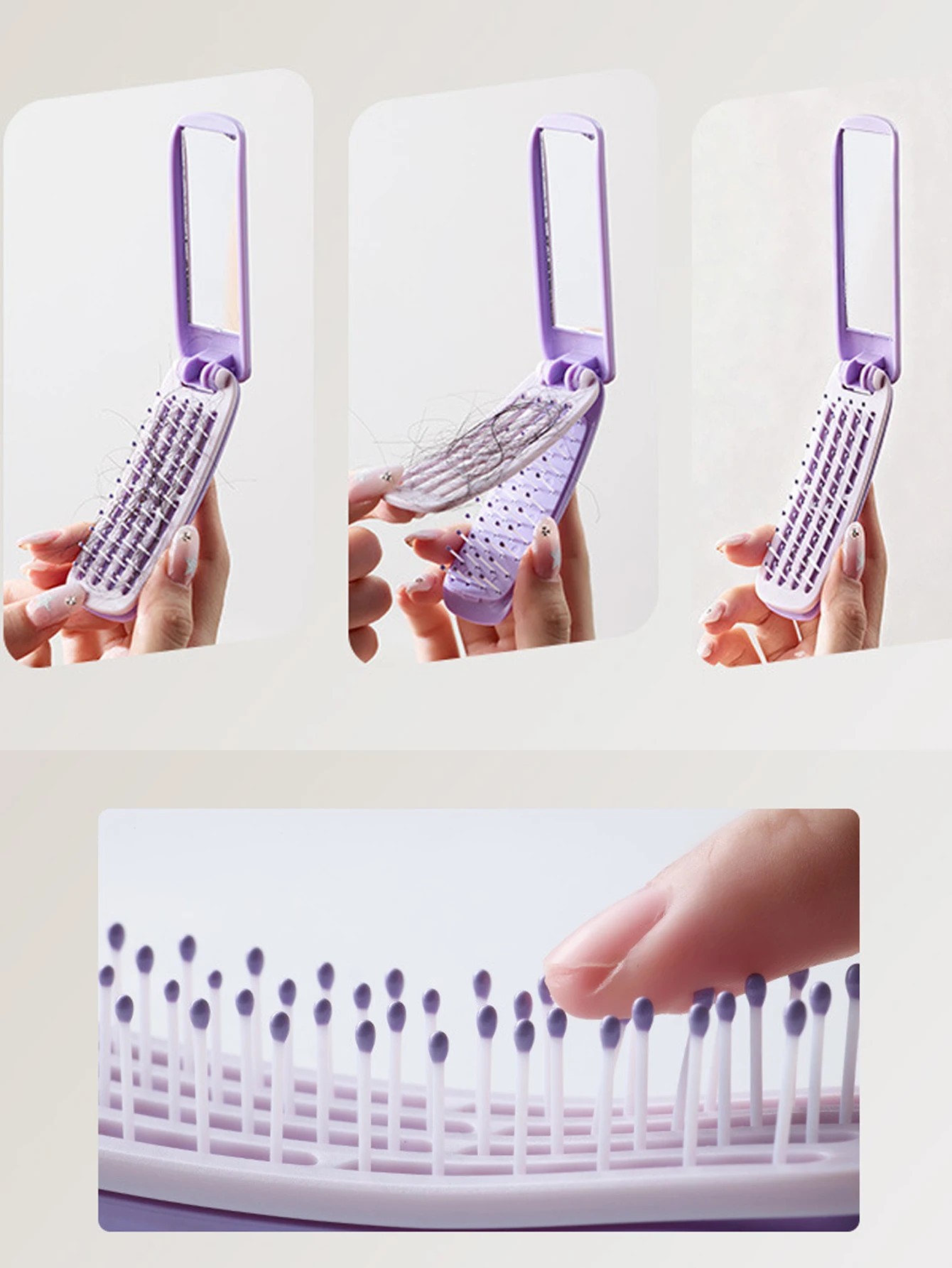 مشط محمول 2 في 1 قابل للطي مع مرآة لتدليك فروة الرأس ومشط وسادة هوائية للسفر مناسب لجميع أنواع الشعر