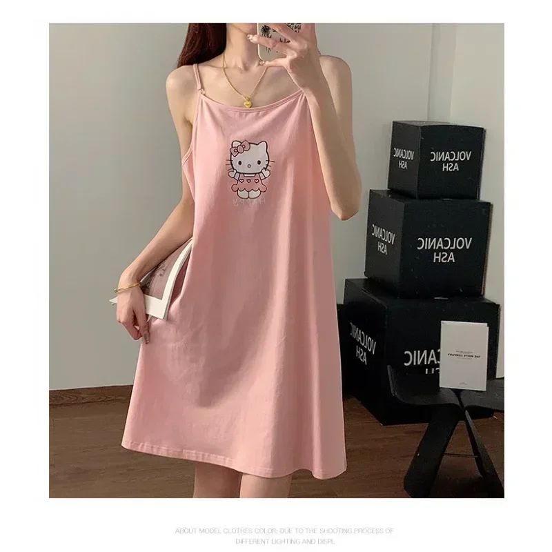 Sanrio Hello Kitty Summer Spaghetti Straps Sleeveless Long Dress Cool Women\'s Pajamas Silk Pajamas Female Home Wear Nightdress