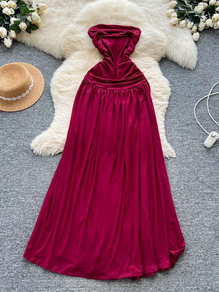 فستان نسائي طويل أنيق على شكل حرف a مثير مكشوف الأكتاف بحاشية كبيرة تصميم تنحيف تنورة جميلة نمط مناسب للتنقل فستان صيفي