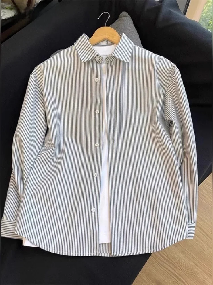 

Высококачественная синяя полосатая рубашка с длинным рукавом, повседневная мужская верхняя одежда на весну и осень, рубашка-куртка свободного кроя, модный городской стиль