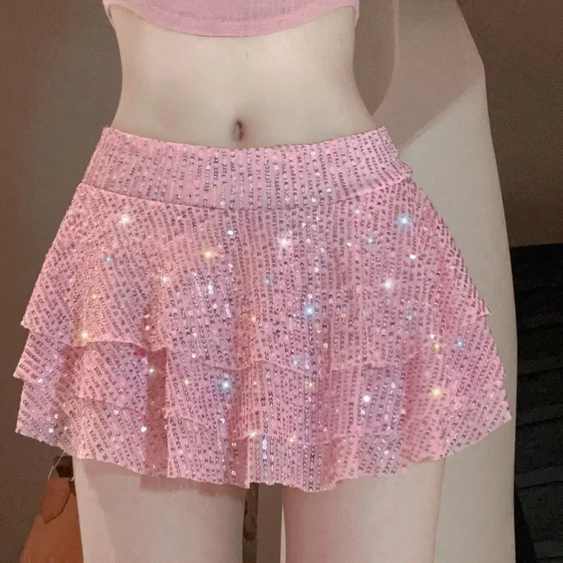 

Spring Summer Woman Pink Sequins Multilayer Edge Ruffle Skirt Ultra Short Sexy Spicy Girl Medium Waist Miniskirts Clubwear L164